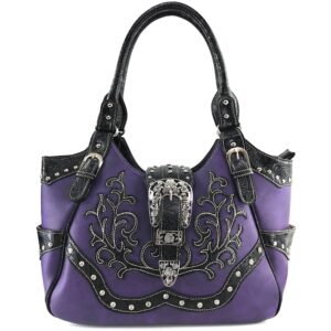 Justin West Tooled Laser Cut Leather Floral Embroidery Rhinestone Buckle Studded Shoulder Concealed Carry Tote Style Handbag Purse (Purple Purse and Wallet Set)