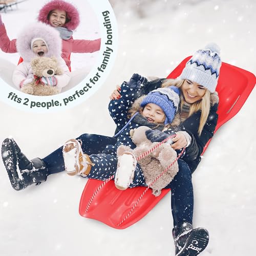 Slippery Racer Downhill Xtreme Flexible Adults and Kids Plastic Toboggan Snow Sled for Up to 2 Riders with Pull Rope and Handles, Red