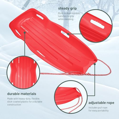 Slippery Racer Downhill Xtreme Flexible Adults and Kids Plastic Toboggan Snow Sled for Up to 2 Riders with Pull Rope and Handles, Red