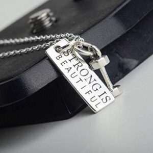 Sterling Silver Necklace "Strong Is Beautiful" Engraved Dumbbell Barbell Gym Buff Pendant Necklace 18"