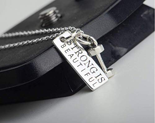 Sterling Silver Necklace "Strong Is Beautiful" Engraved Dumbbell Barbell Gym Buff Pendant Necklace 18"