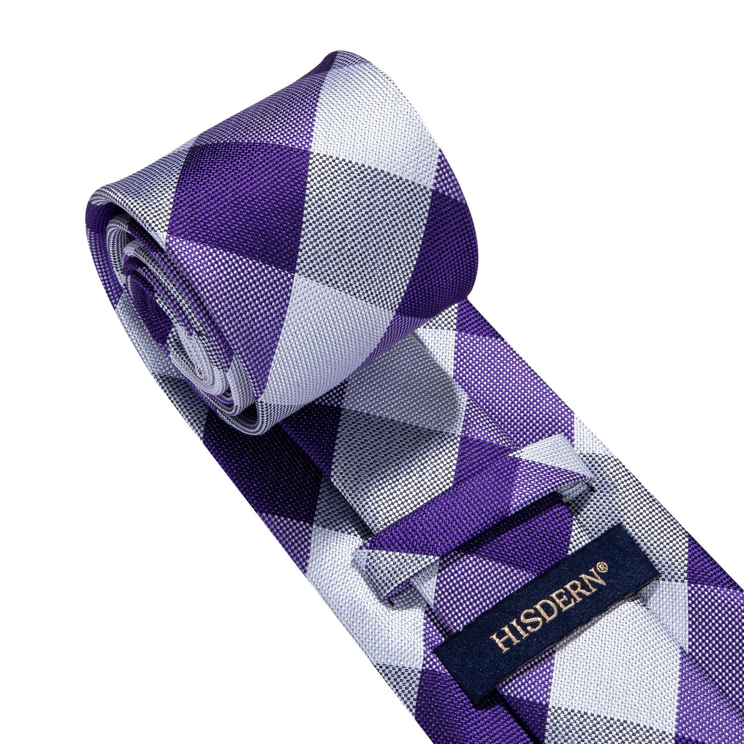 HISDERN Purple Ties for Men Plaid Checkered Tie with Pocket Square Woven Business Formal Necktie Handkerchief Set Wedding Party