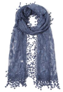 cindy and wendy lightweight soft leaf lace fringes scarf shawl for women (navy)