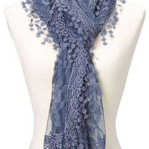 Cindy and Wendy Lightweight Soft Leaf Lace Fringes Scarf shawl for Women (Navy)