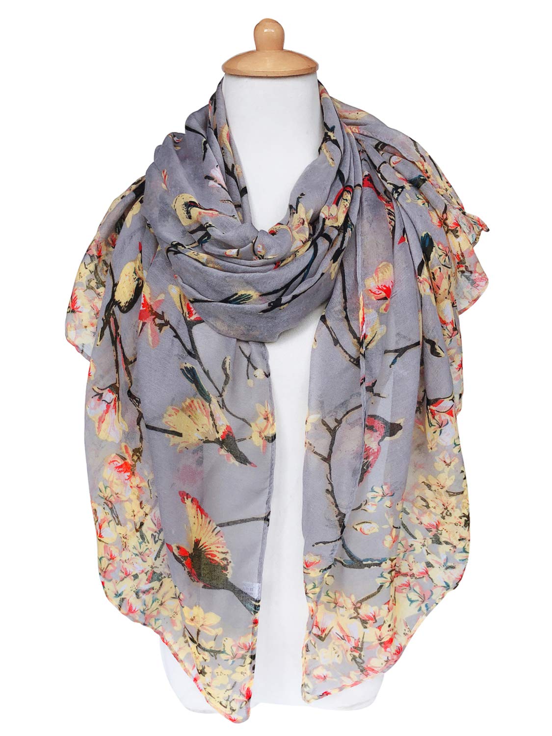 GERINLY Floral Birds Work Scarves for Womens Lightweight Cotton Shawls and Wraps Soft Thin Neckwear Head Scarf (Grey)