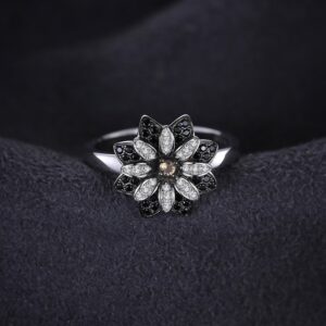 JewelryPalace Daisy Flower Sunflower Genuine Natural Smoky Quartz Black Spinel Cocktail Rings for Women, 14K White Gold Plated 925 Sterling Silver Rings for Her, Natural Gemstone Jewelry Sets 6