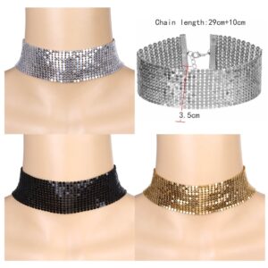 Tpocean 3 Pcs Women's Gold and Black Thick Rhinestone Metal Sequins Choker Necklace Set for Girls