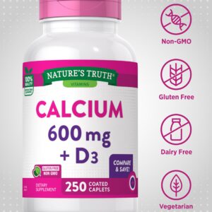 Nature's Truth Calcium 600mg with Vitamin D3 | 250 Tablets | Calcium Carbonate Supplement | Vegetarian, Non-GMO & Gluten Free