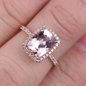 7×9mm Cushion Cut Natural Pink Morganite Engagement Ring Halo Diamond Ring 14K Rose Gold Size 4-9