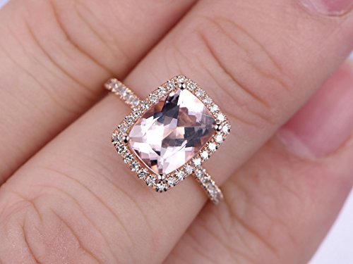 7×9mm Cushion Cut Natural Pink Morganite Engagement Ring Halo Diamond Ring 14K Rose Gold Size 4-9