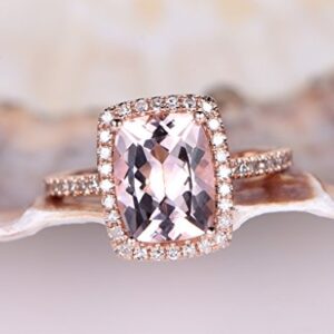 7×9mm Cushion Cut Natural Pink Morganite Engagement Ring Halo Diamond Ring 14K Rose Gold Size 4-9