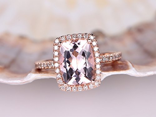 7×9mm Cushion Cut Natural Pink Morganite Engagement Ring Halo Diamond Ring 14K Rose Gold Size 4-9