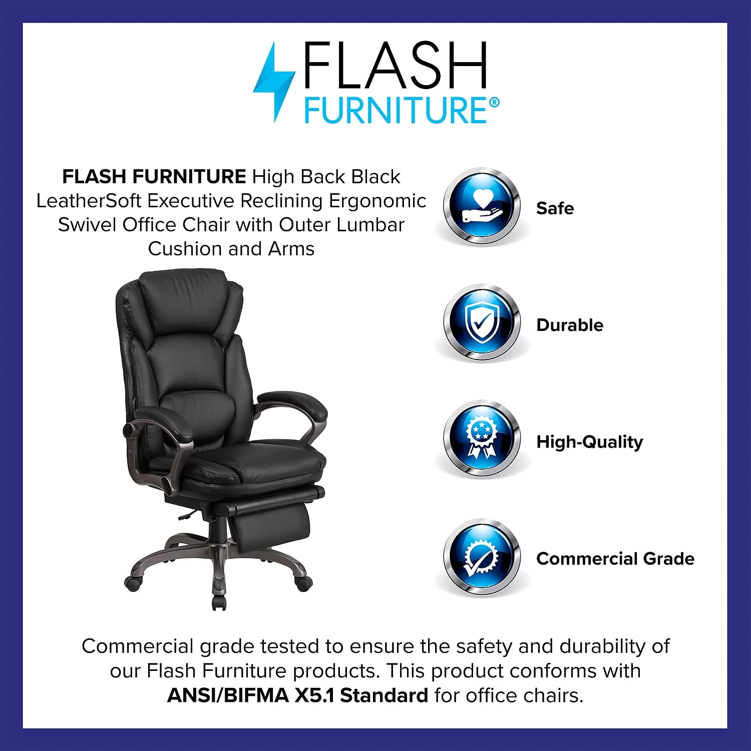 Flash Furniture Martin High Back Black LeatherSoft Executive Reclining Ergonomic Swivel Office Chair with Outer Lumbar Cushion and Arms