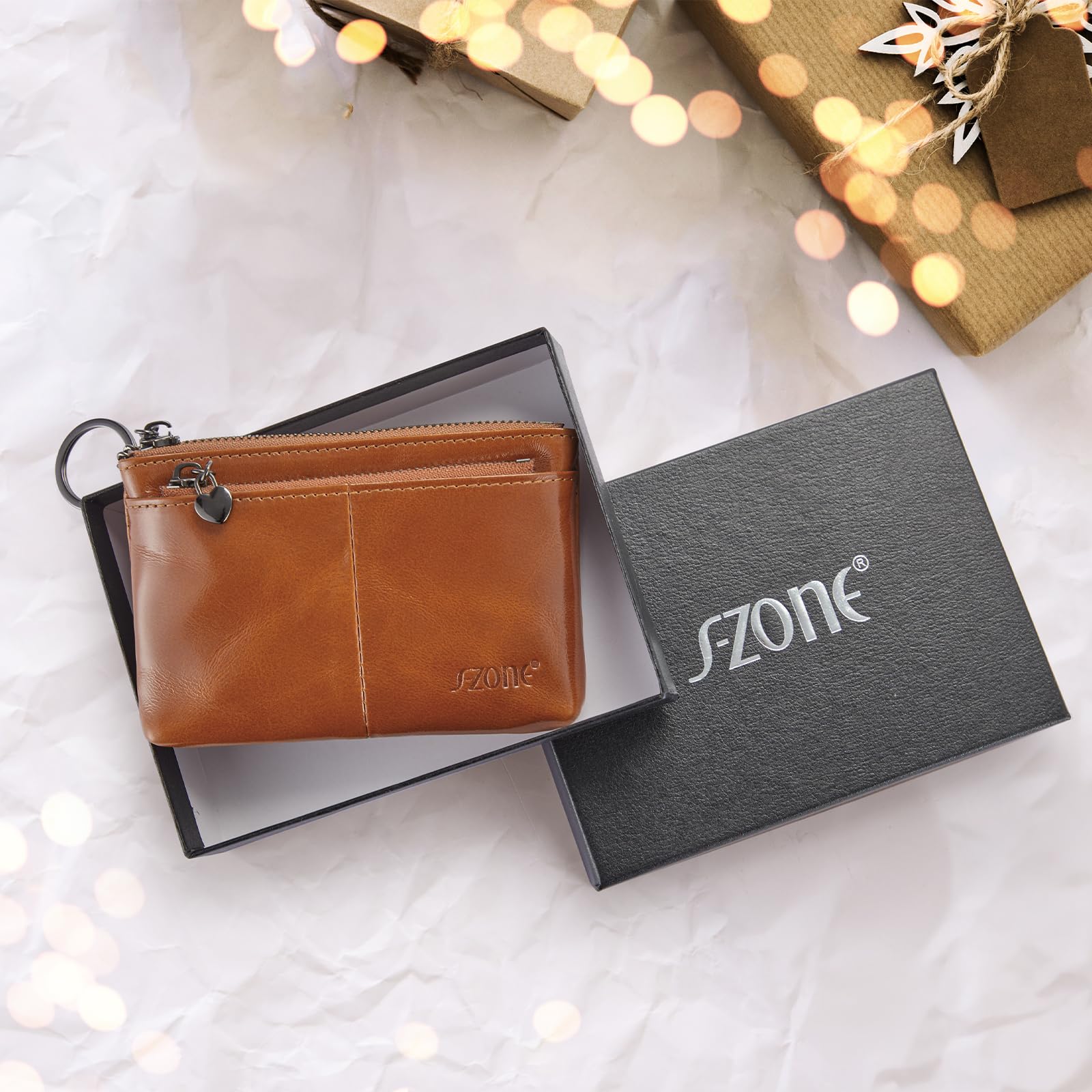 S-ZONE Genuine Leather Coin Purse Women Small Change Wallet Pouch Card Holder with Keychain Gift Box