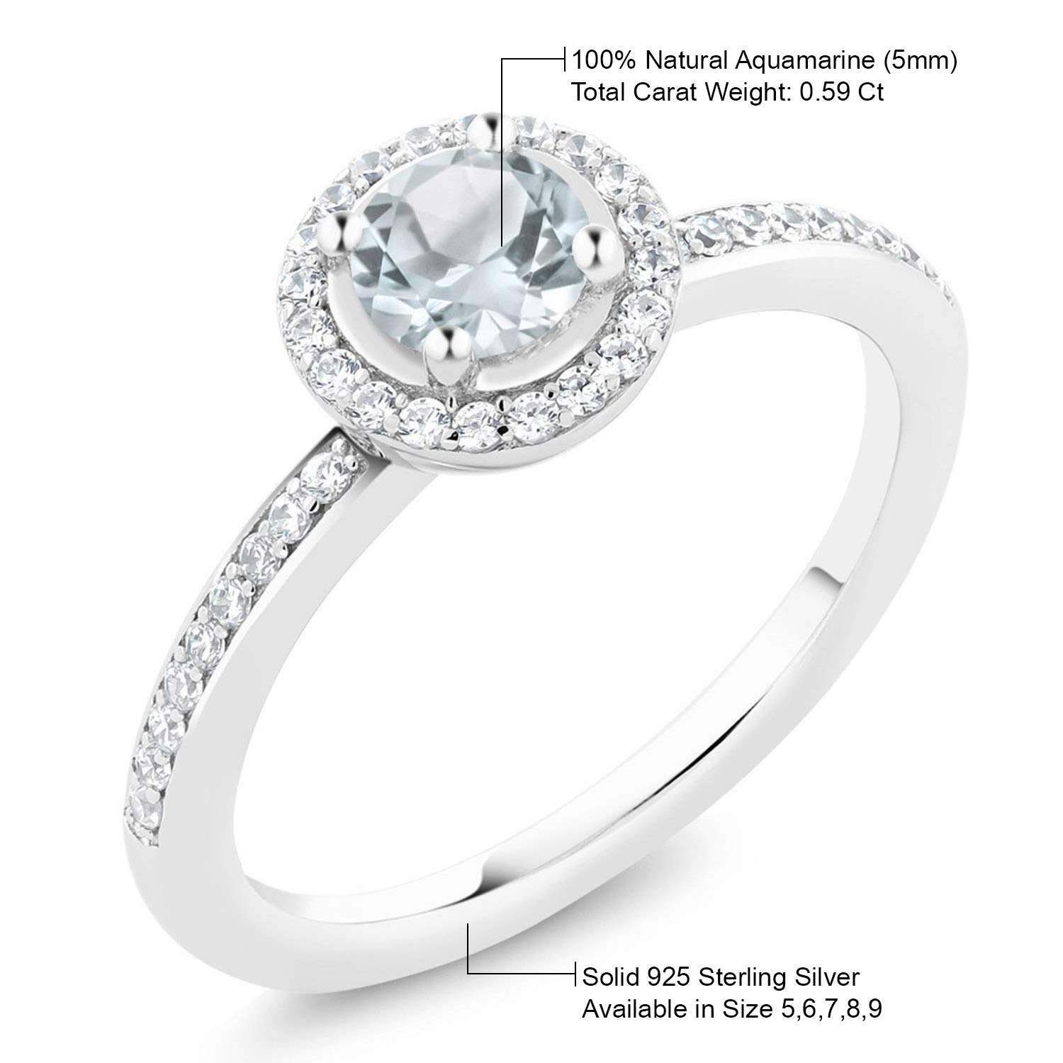 Gem Stone King 925 Sterling Silver Aquamarine Engagement Ring For Women (0.59 Cttw, Gemstone Birthstone, Round 5MM, Available 5,6,7,8,9) (Size 5)