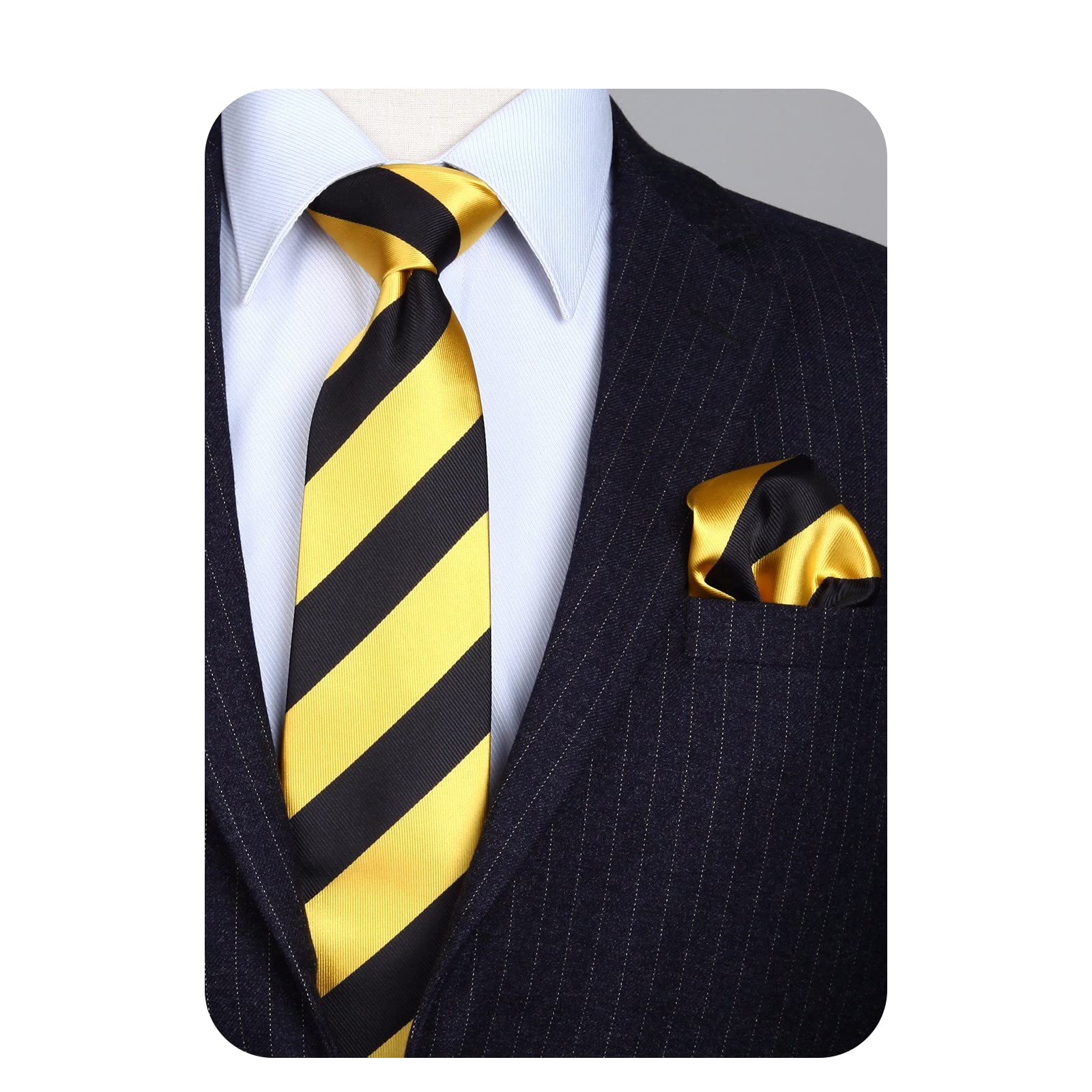 HISDERN Plaid Tie Handkerchief Woven Classic Stripe Men's Necktie & Pocket Square Set ,Yellow & Black,One Size