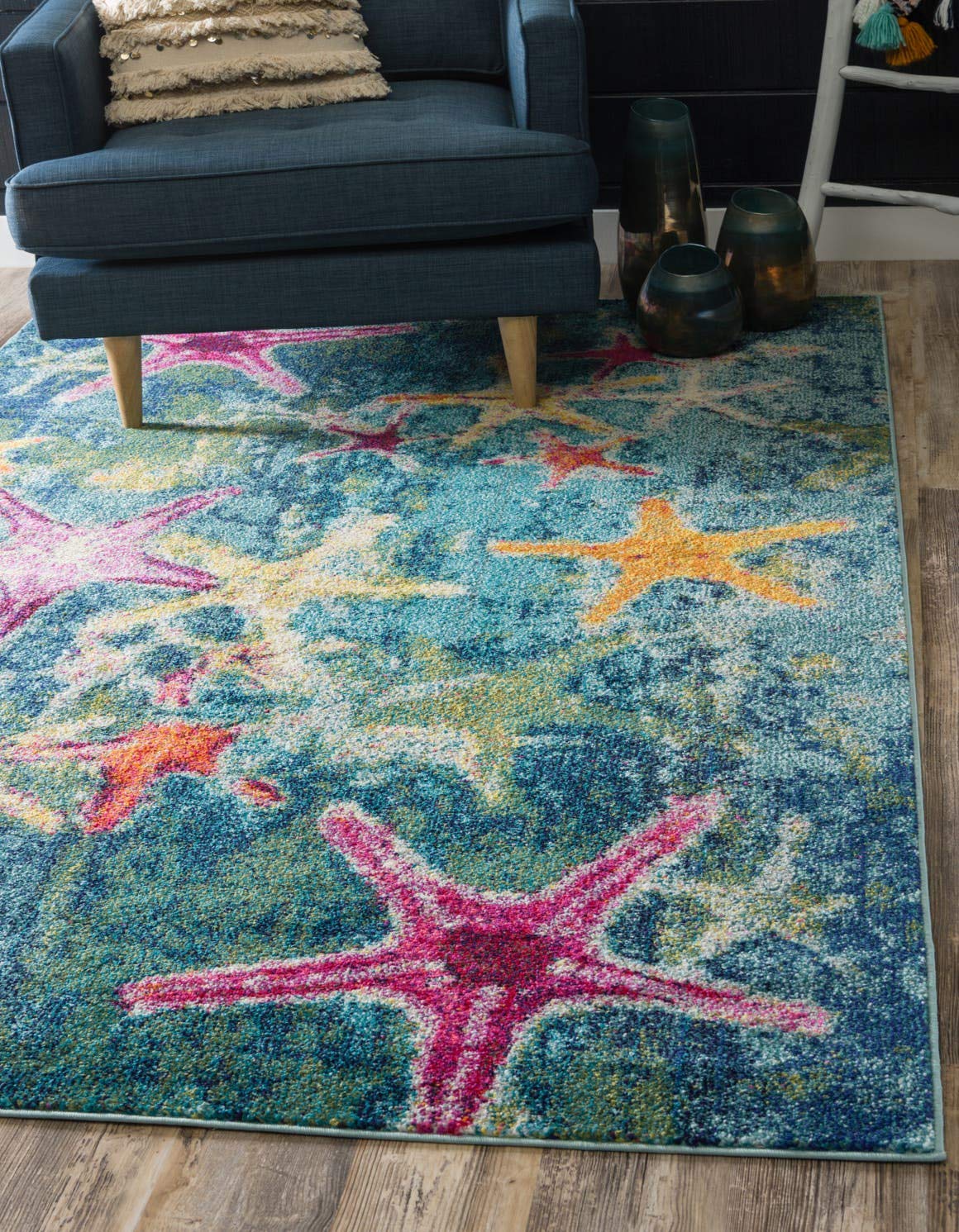 Unique Loom Positano Collection Coastal Modern Bright Colors Starfish Navy Blue Area Rug (4' x 6')