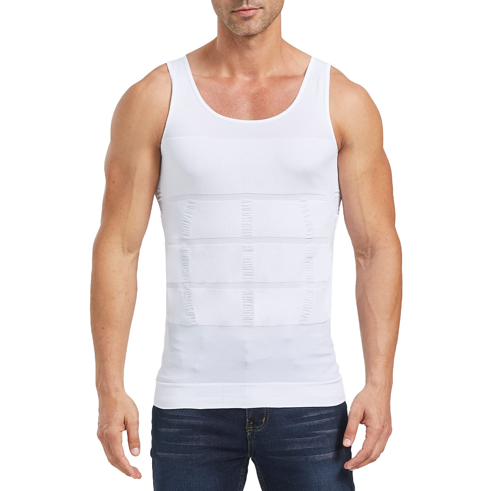 Aptoco Compression Shirts for Men Shapewear Vest Body Shaper Abs Abdomen Slim Elastic Tank Top Undershirt for Hid Men's Gynecomastia(White, Large)