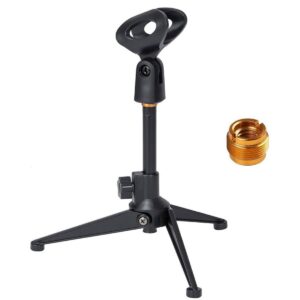 bearstar universal adjustable desk microphone stand portable foldable tripod mic tabletop stand with small plastic microphone clip such as sm57 sm58 sm86 sm87