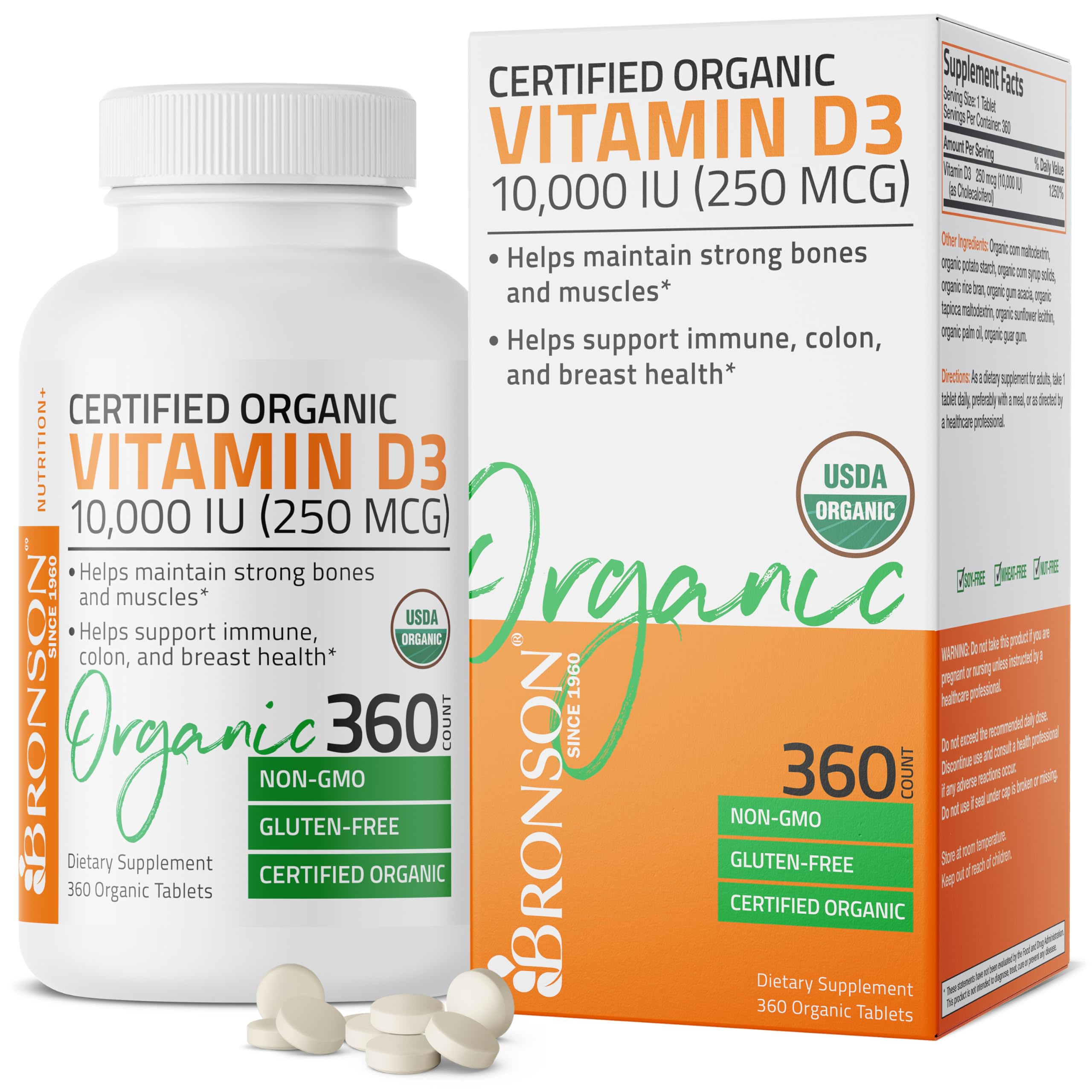 Bronson Vitamin D3 10,000 IU (250 mcg) Immune Support, Healthy Muscle Function & Bone Health, High Potency Organic Non-GMO Vitamin D Supplement, 360 Tablets