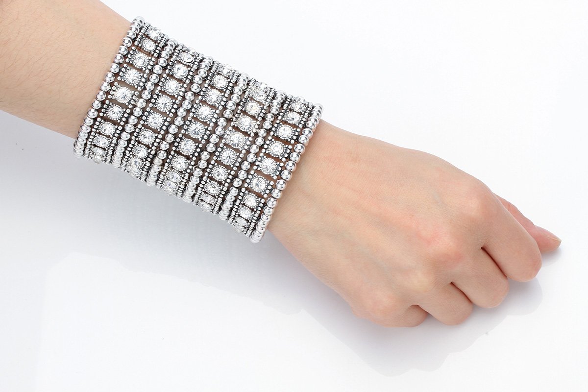 Szxc Womens Ballroom Rhinestone Stretch Cuff Bracelets Fit Wrist Circumference from 6.5" to 7.5" - Lead & Nickle Free