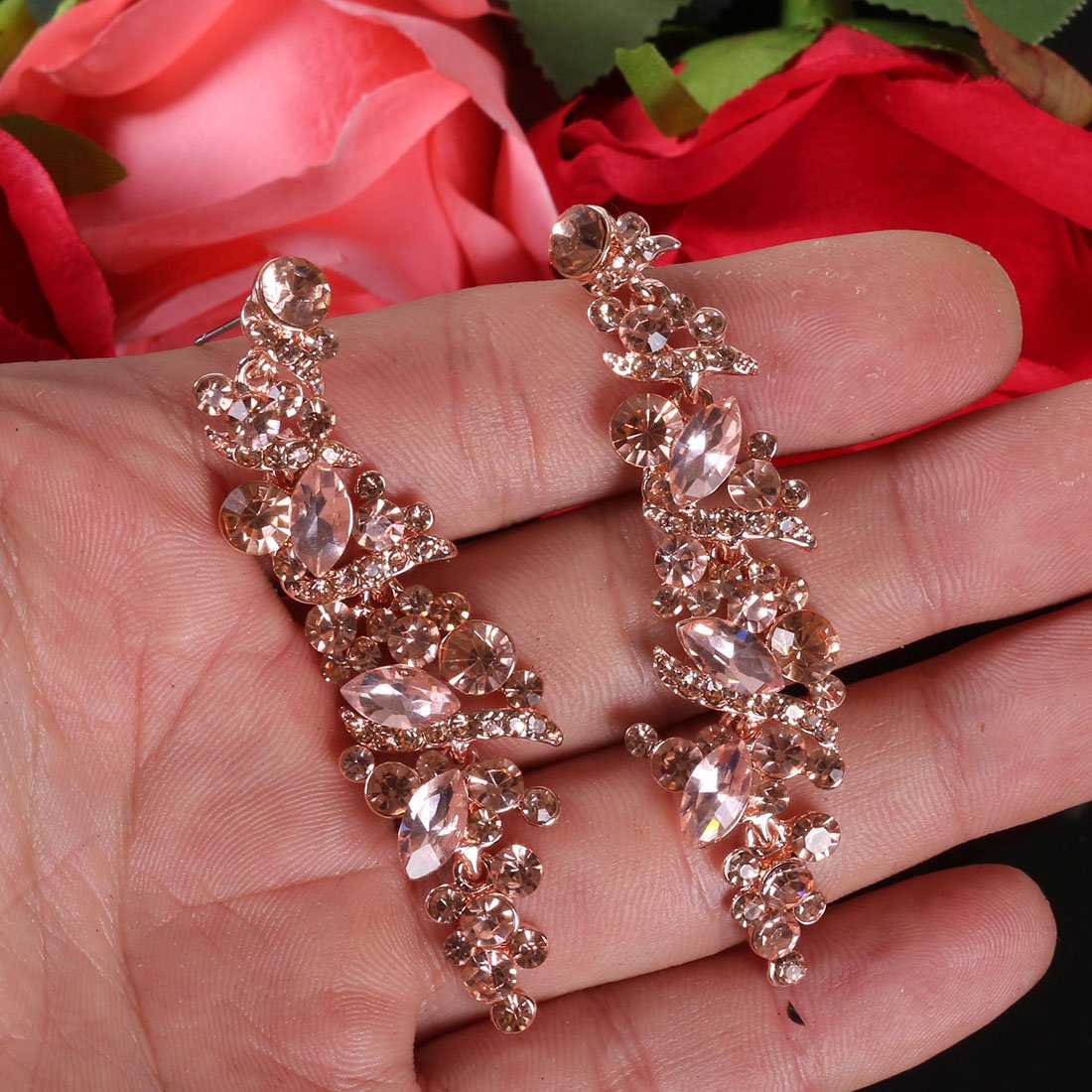 NLCAC Crystal Rose Gold Chandelier Earring Leaf Pendant Peach Earrings Dangle for Women