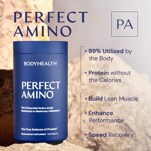 BodyHealth PerfectAmino (300 Tablets) 8 Essential Amino Acids Supplements with BCAA, Increase Muscle Recovery, Boost Energy & Stamina, 99% Utilization, Vegan Branched Chain Protein Pre/Post Workout