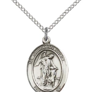 F A Dumont Sterling Silver Guardian Angel Pendant with 18" Stainless Steal Lite Curb Chain.