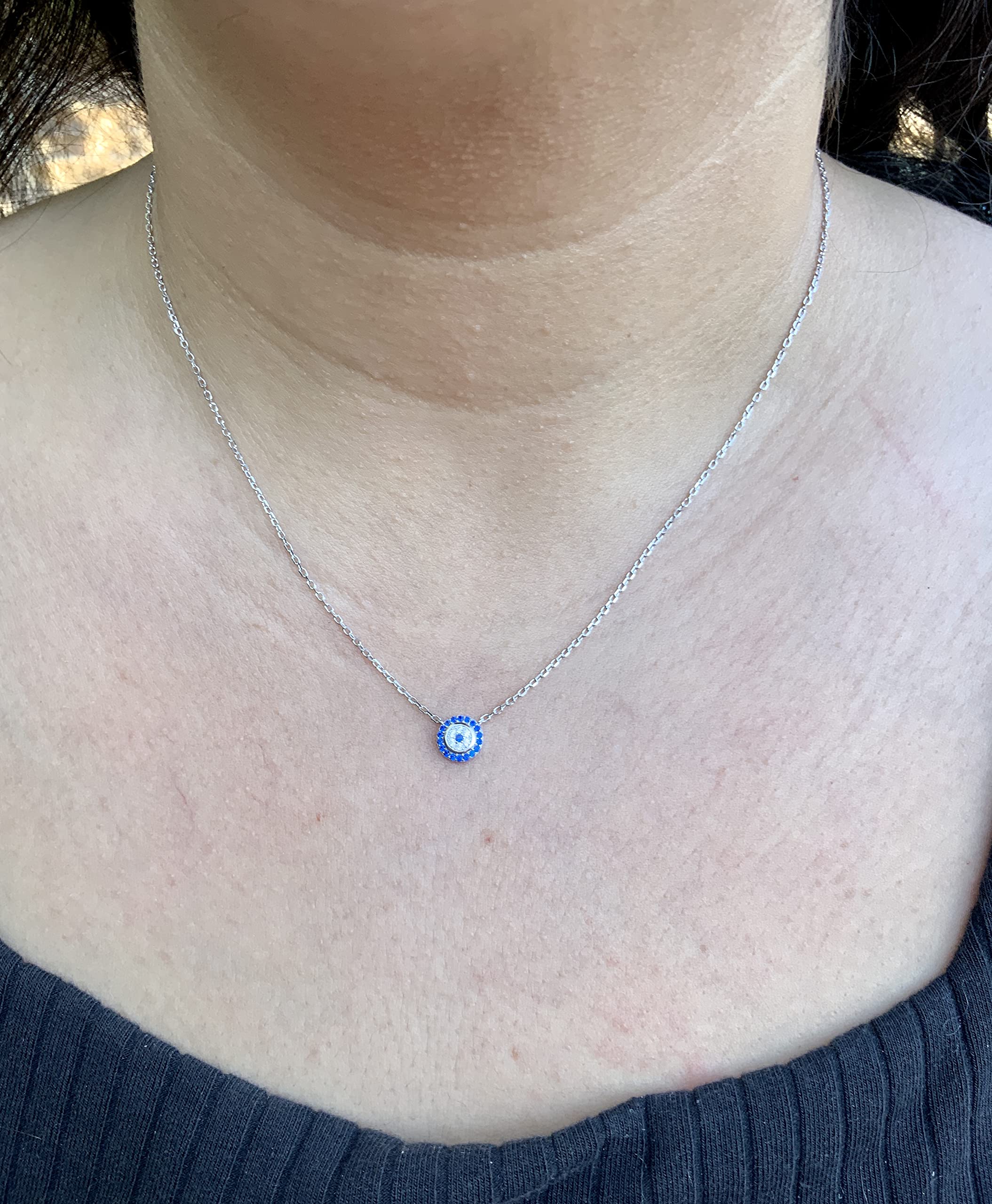 SILVERCLOSEOUT Sterling Silver Blue Cz Small Evil Eye Necklace Nazar Charm Amulet Protection Necklace for Adult Women's and Teen Girls