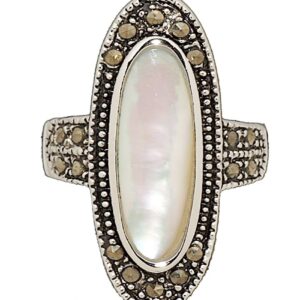 Glamour Rings Genuine Mother of Pearl and Marcasite Statement Ring in Rhodium Size 9