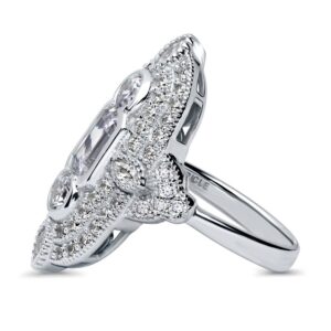 BERRICLE Sterling Silver Art Deco Cubic Zirconia CZ Statement Milgrain Cocktail Fashion Ring for Women, Rhodium Plated Size 5