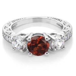 Gem Stone King 3.16 Ct Round Red Garnet 3-Stone Ring For Women (Available 6,7,8) (Size 8)