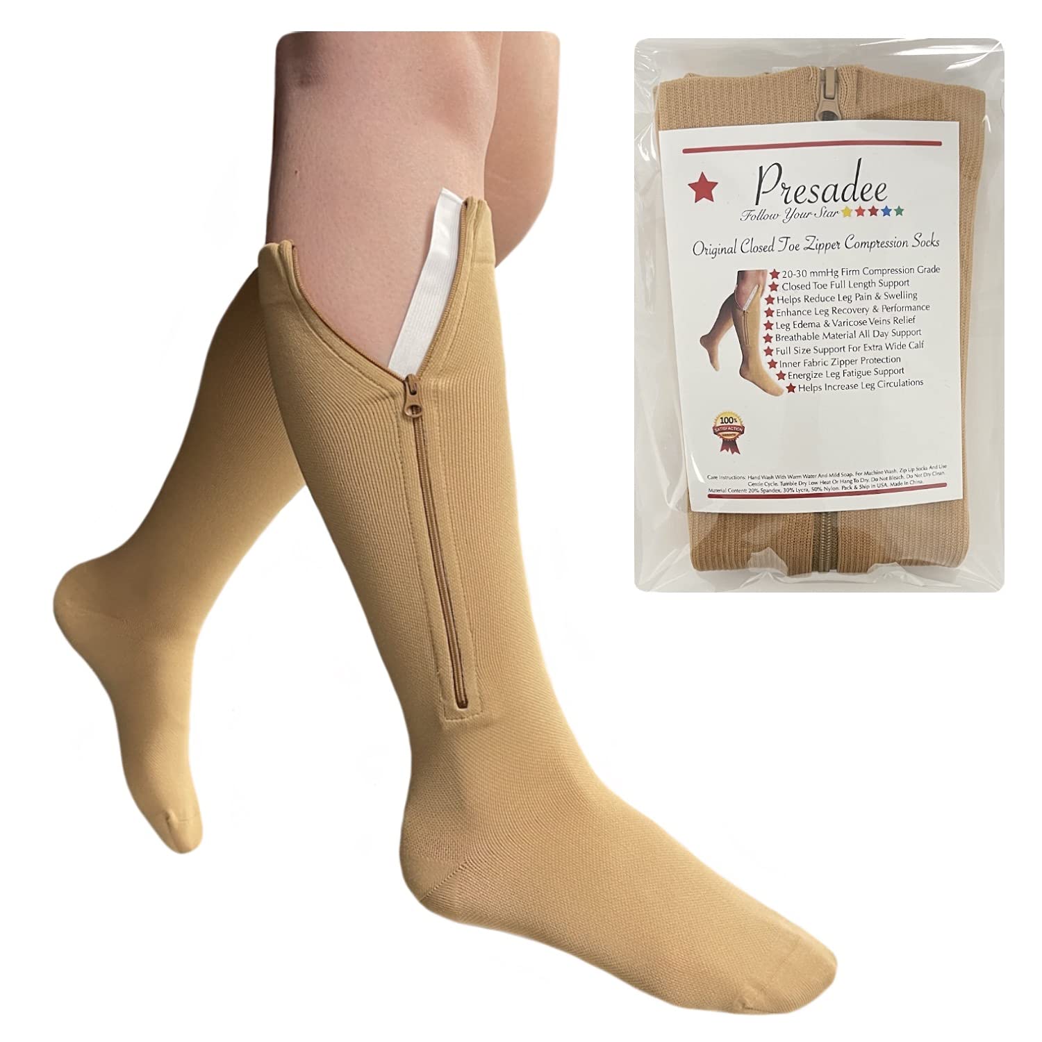 Presadee Original Closed Toe 20-30 mmHg Zipper Compression Calf Leg Socks (S/M, Beige)