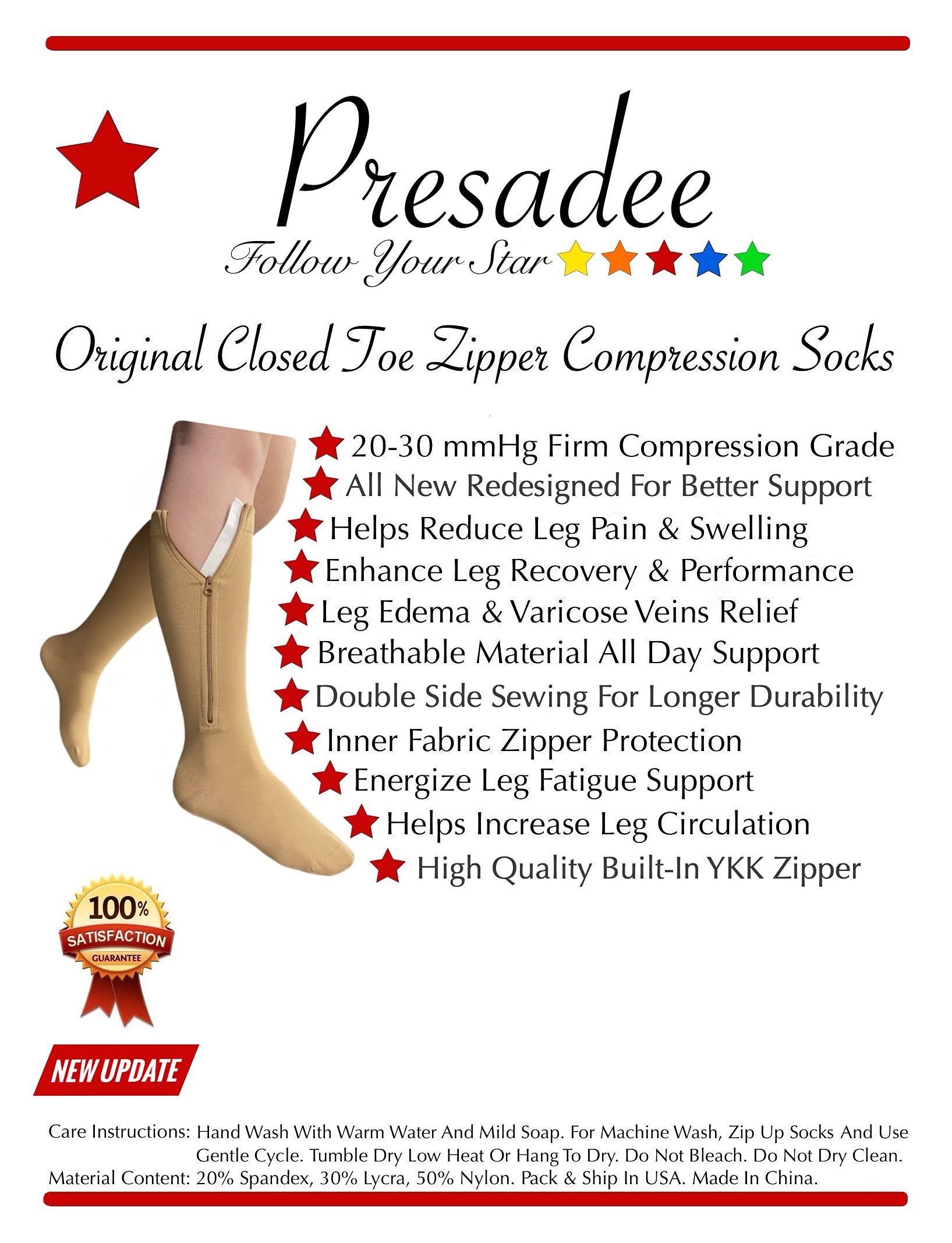 Presadee Original Closed Toe 20-30 mmHg Zipper Compression Calf Leg Socks (S/M, Beige)