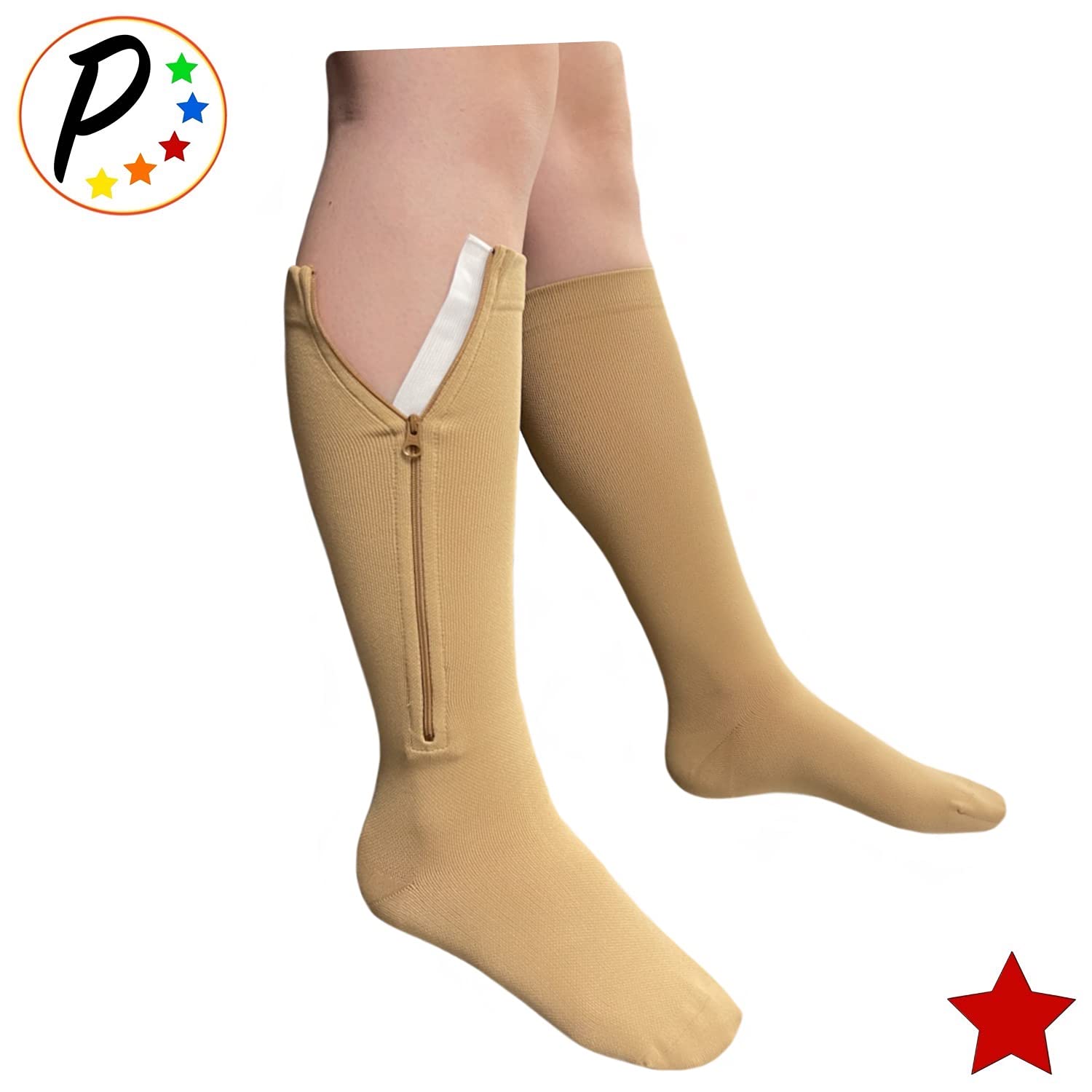 Presadee Original Closed Toe 20-30 mmHg Zipper Compression Calf Leg Socks (S/M, Beige)