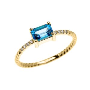 10k Yellow Gold Diamond and Emerald Cut Solitaire Blue Topaz Dainty Promise/Engagement Ring(Size 7.5)