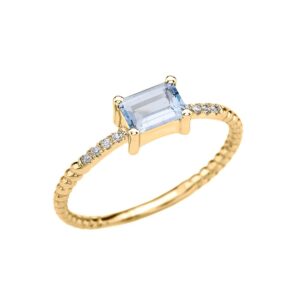 10k yellow gold diamond and emerald cut solitaire aquamarine dainty promise/engagement ring(size 7)