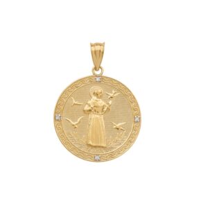 10k Gold Saint Francis Of Assisi Diamond Round Medal Charm Pendant (Small)