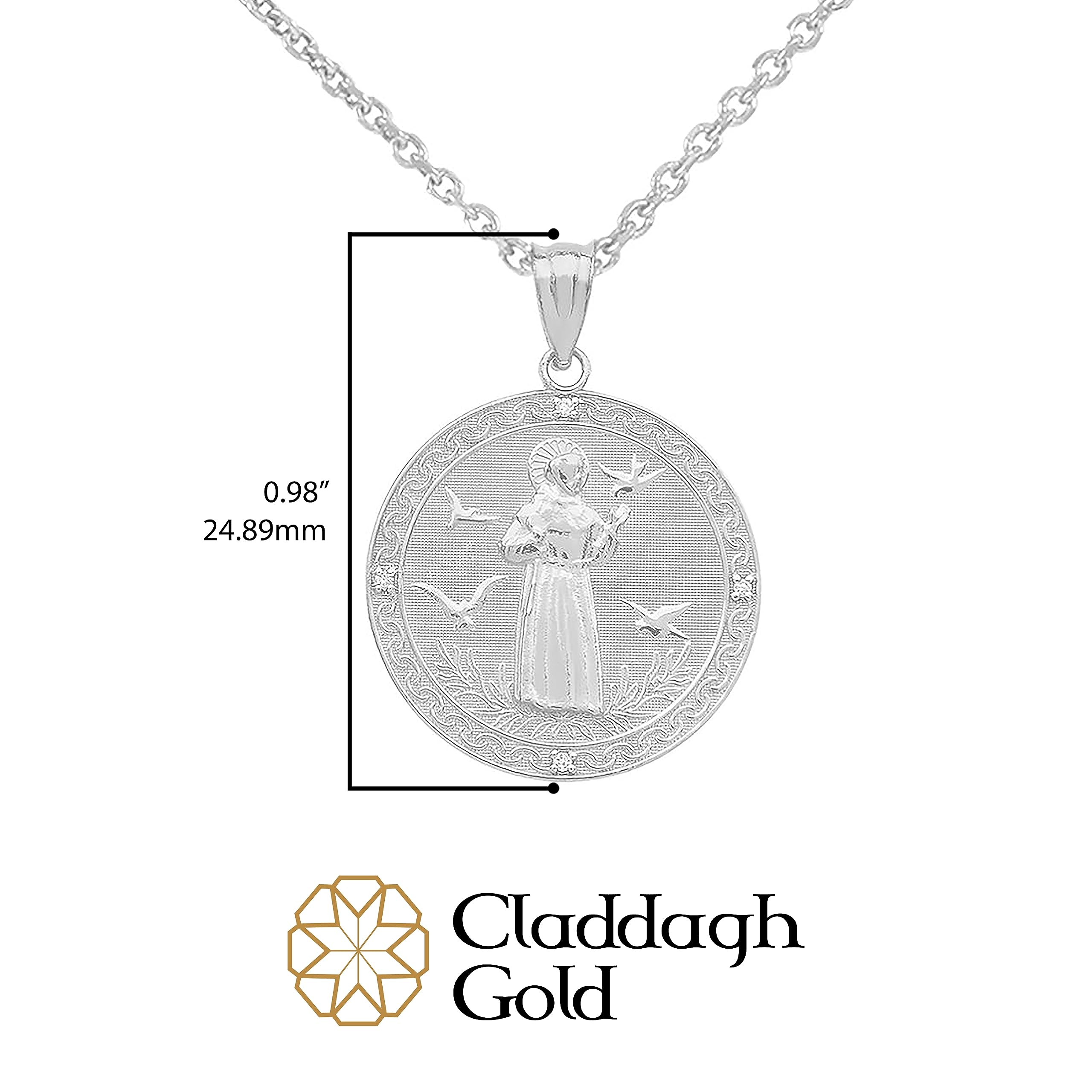 925 Sterling Silver Saint Francis Of Assisi CZ Round Medal Charm Pendant (Small)