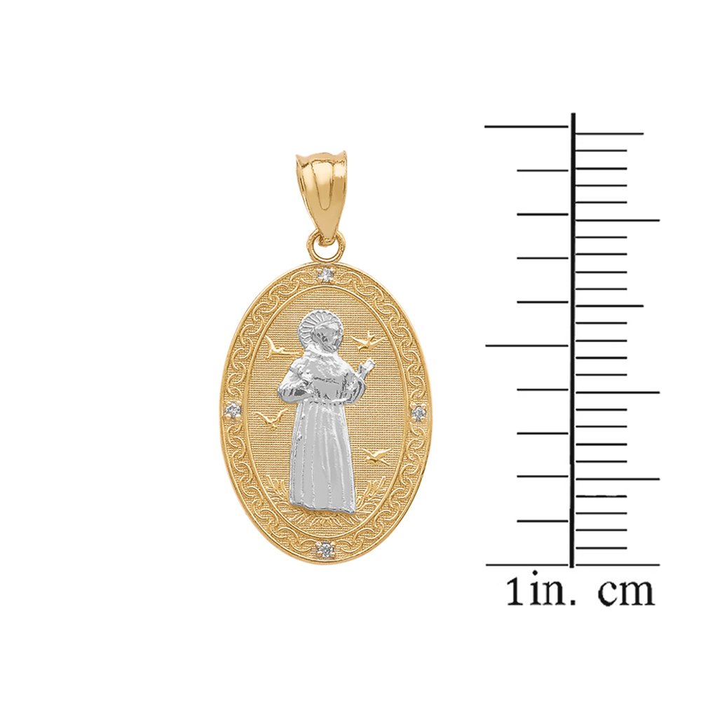 10k Two-Tone Gold Saint Francis Of Assisi Diamond Oval Medal Charm Pendant (Small)