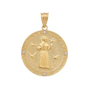 10k Gold Saint Francis Of Assisi Diamond Round Medal Charm Pendant (Medium)