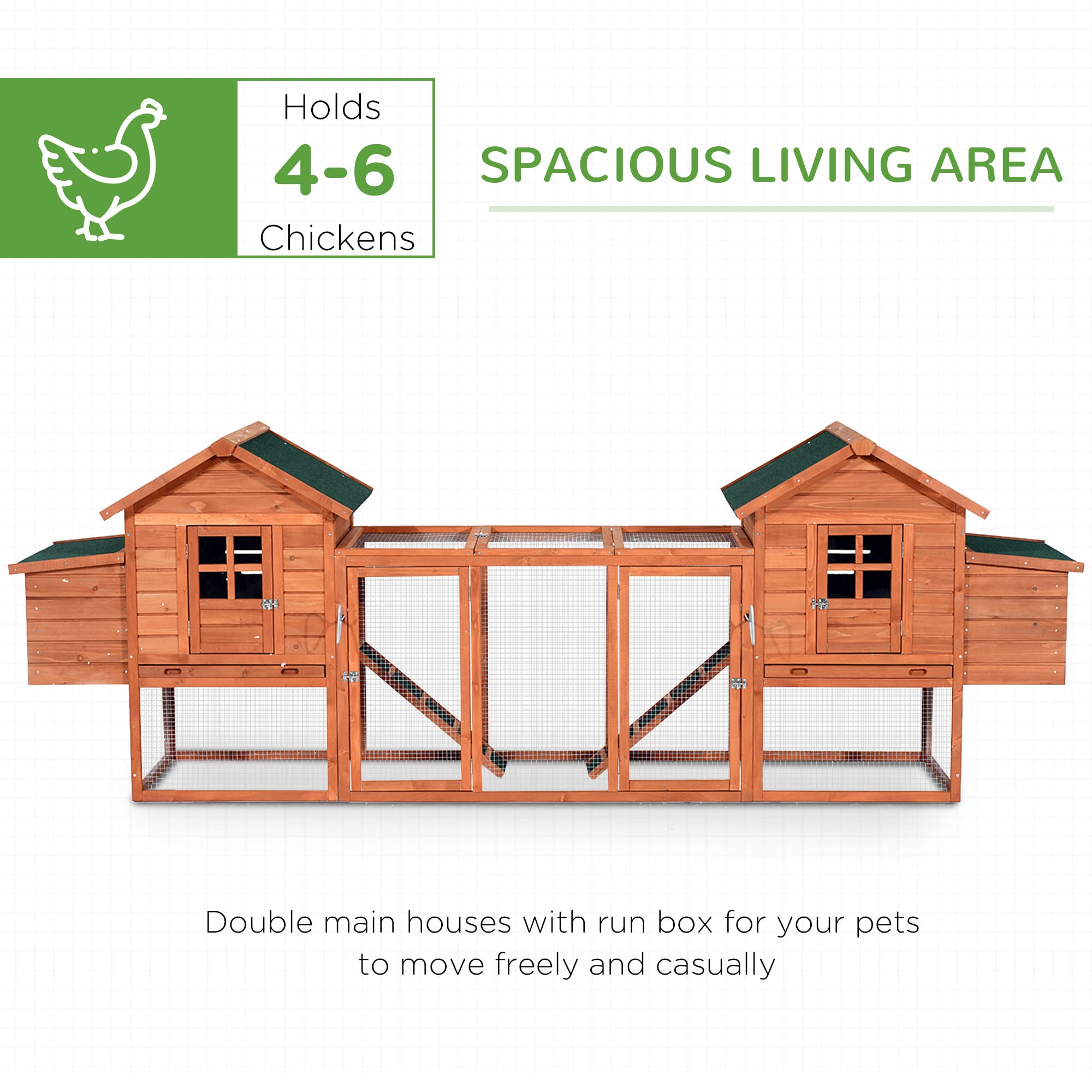 PawHut Dual Wooden Chicken Coop with Garden Bed, Large Outdoor Hen House with Nesting Boxes Removable Trays, Ramps Run, for Garden Backyard, 123" x 27.5" x 42.5", Natural Wood