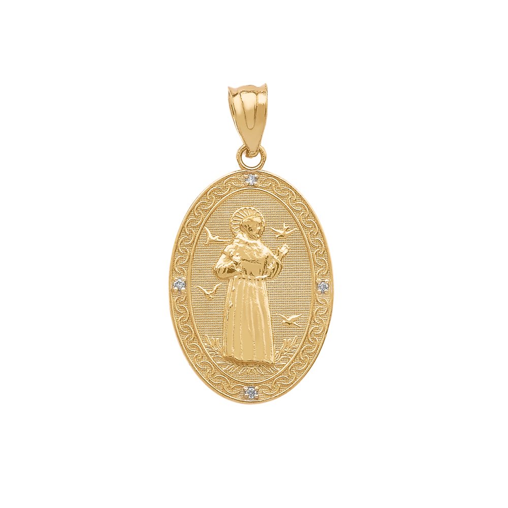 14k Gold Saint Francis Of Assisi Diamond Oval Medal Charm Pendant (Small)