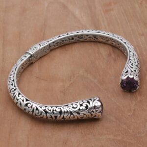 NOVICA Artisan Amethyst Cuff Bracelet and 925 Sterling Silver Spiral Motif Purple Indonesia Birthstone [6.25 in L (end to End) x 0.3 in W] ' Spiral Engagement'