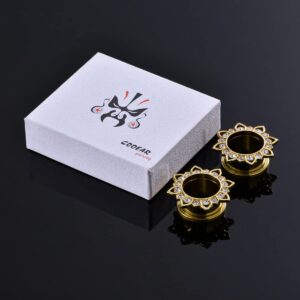 KUBOOZ Jewelry Gold Plated Flower Stainless Steel Crystal Gems Screw Back Ear Plugs Gauges Sold in Pairs 8mm