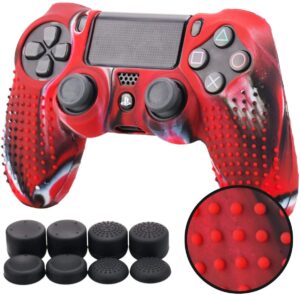 yorha studded silicone cover skin case for sony ps4/slim/pro dualshock 4 controller x 1(camouflage red) with pro thumb grips x 8