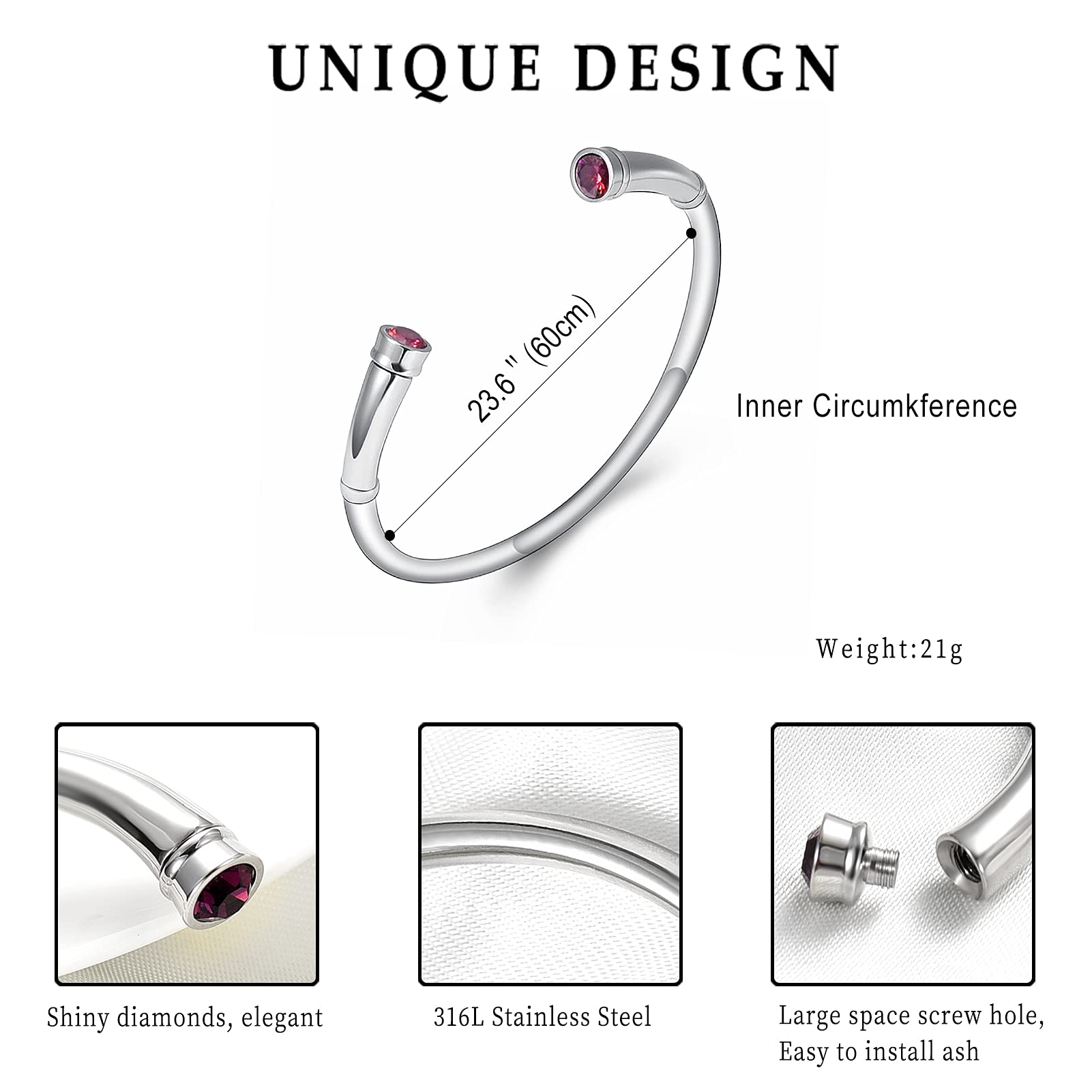 Cremation Urn Bracelet for Women Shiny Birthstone in December Pretty Urn Keepsake Memorial Ash Holder Bracelet (60CM)