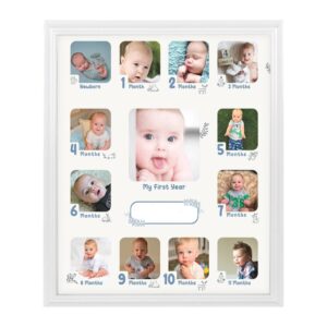 collage photo frame for baby first year keepsake, 12 months picture frames for baby boy girl newborn 1st birthday giftsideas size 11 x 13 x 1 inch with 13 slots for home decor in white frame wood