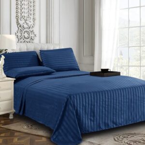 Elegant Comfort Best, Softest, Coziest 6-Piece Sheet Sets! - 1500 Premier Hotel Quality Luxurious Wrinkle Resistant 6-Piece DAMASK STRIPE Bed Sheet Set, Queen Navy Blue