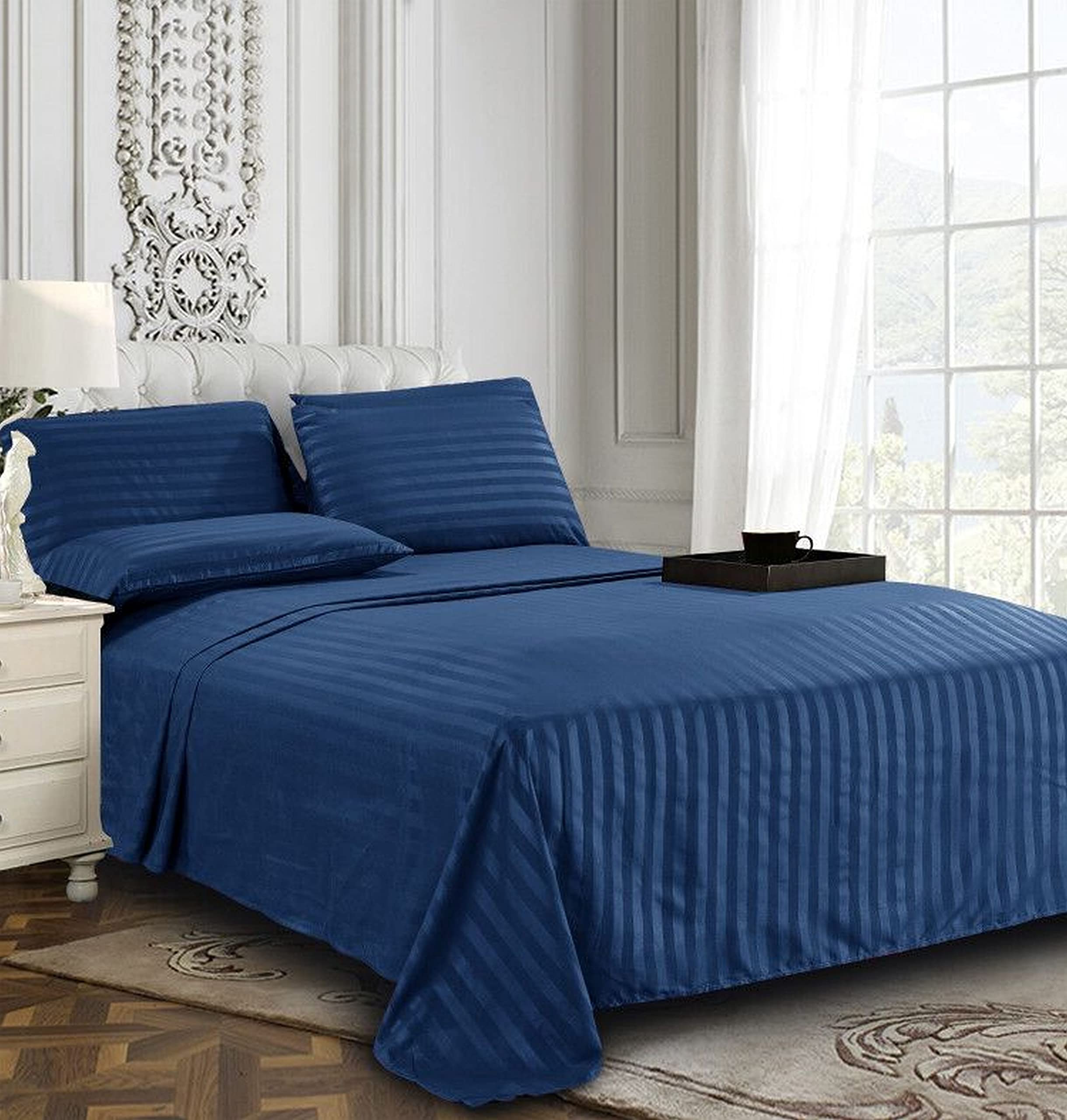 Elegant Comfort Best, Softest, Coziest 6-Piece Sheet Sets! - 1500 Premier Hotel Quality Luxurious Wrinkle Resistant 6-Piece DAMASK STRIPE Bed Sheet Set, Queen Navy Blue